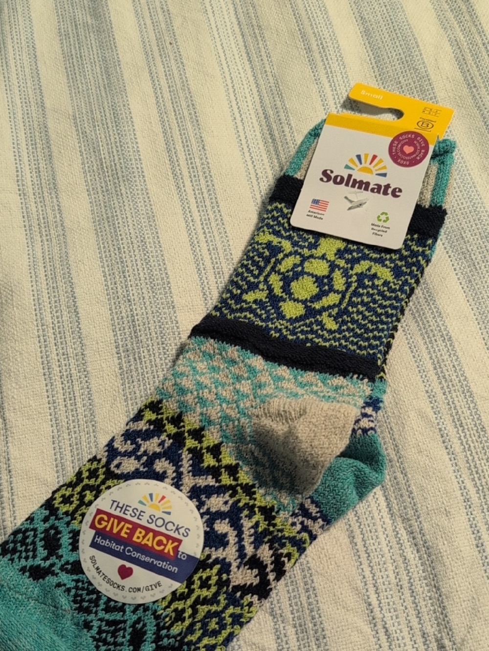 Solmate Socks Women's Patterned Crew Socks in Teal, Navy & Lime